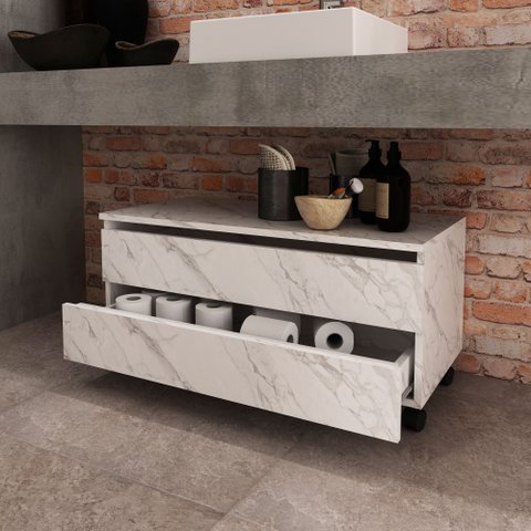Balcão Gabinete para Banheiro 80cm com Rodízio e 2 Gavetas BN3603 Branco/Mármore