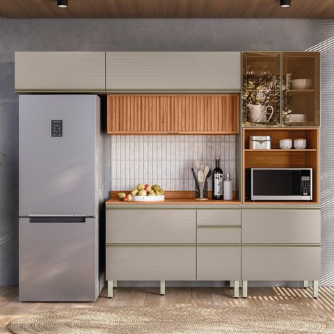 Cozinha Completa Modulada com Aéreo 4 Peças MDF Proença Bege/Nogueira/Nude Prime