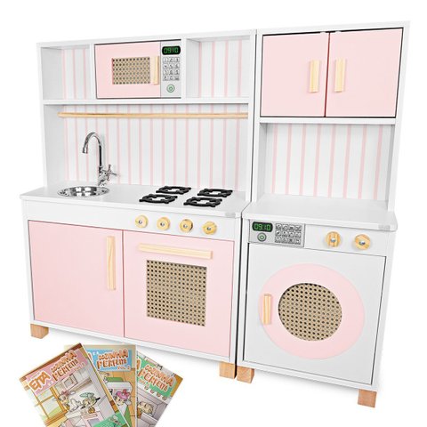 Kit Cozinha Infantil Retro e Máquina de Lavar Infantil - Rosa Bebê