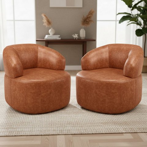 Kit 02 Poltronas Giratória Orgânica para Sala de Estar Living Helena L02 Couríssimo Camel - Lyam Dec