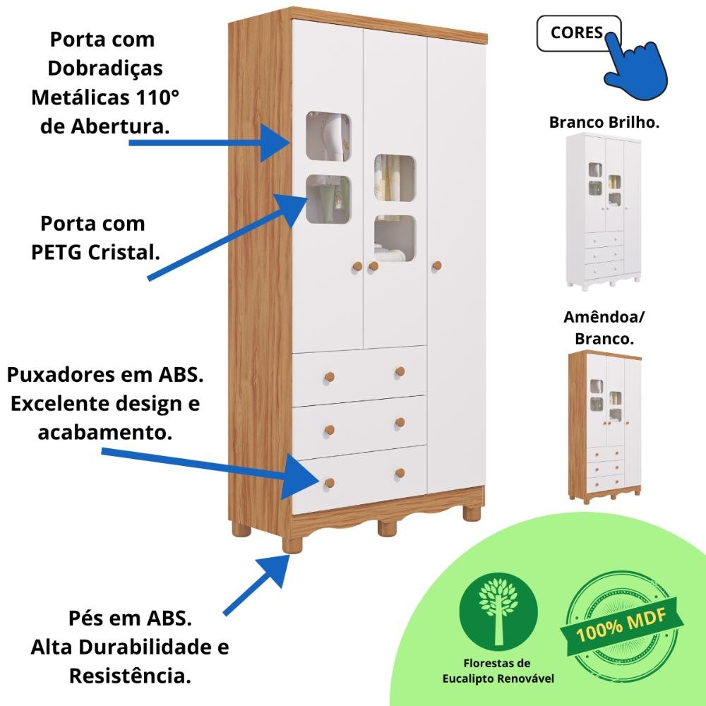 Guarda Roupa Infantil 3 Portas 3 Gavetas Uli 100% Mdf Móveis Peroba - 3