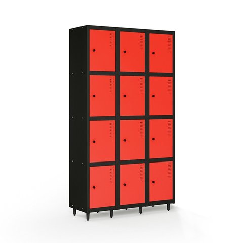 Armário Roupeiro Locker Guarda-Volume de Aço 12 Portas Pequenas com Fecho para Cadeado Vestiário Academia Vermelho/Preto