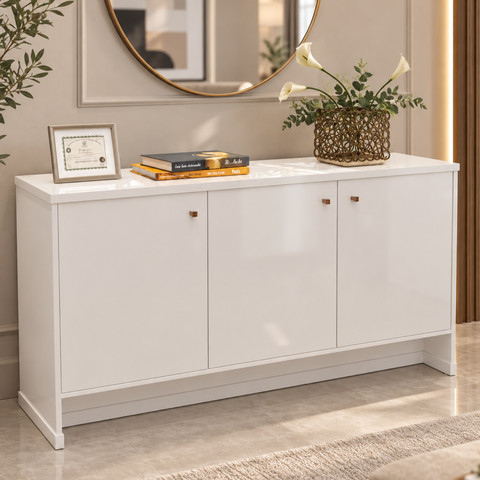 Aparador para Sala Buffet 3 Portas em MDP MDF Pés Ripados 135 cm Berlin - Branco