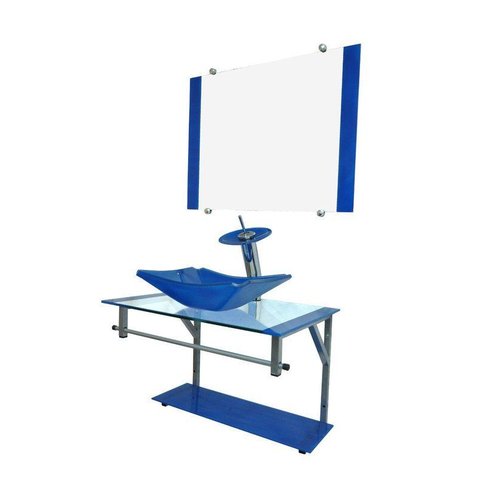 Gabinete de Vidro 60cm Cuba Chanfrada Azul + Torneira Cascata - Dahora