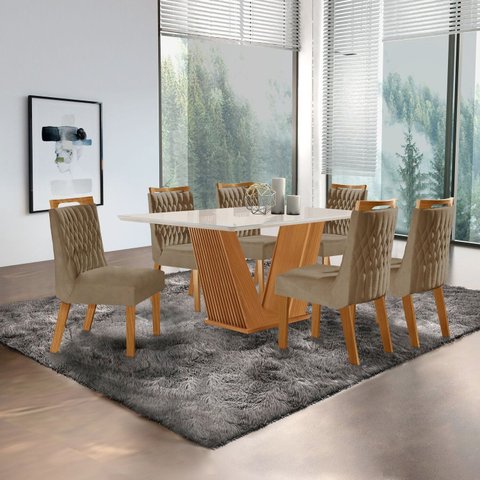 Conjunto de Jantar Mesa Maia Tampo MDF e Vidro com 6 Cadeiras Atena Marrom/Castanho Cinamomo/Pena Caramelo/Off White