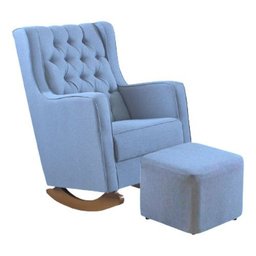 Poltrona Amamentação Linho Azul Balanço Puff Quarto Bebe - 1