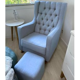 Poltrona Amamentação Linho Azul Balanço Puff Quarto Bebe - 2