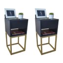 Ver imagem 1 de Kit 2 Mesas Cabeceira Industrial 30cm Preto Gavetas e Nicho Base Metal Dourada Lateral Cama