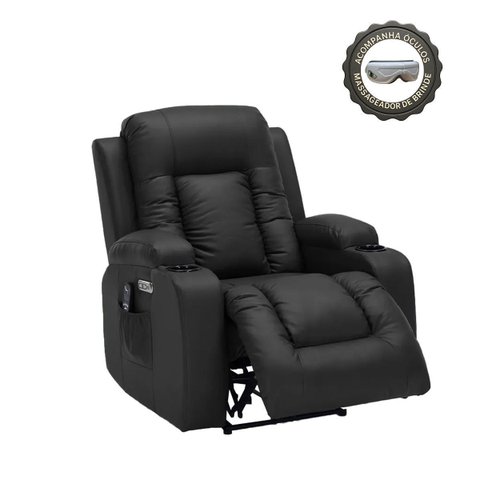 Poltrona Reclinável Austin com Massagem Aquecimento USB Usbc Óculos Massageador Bluetooth PU