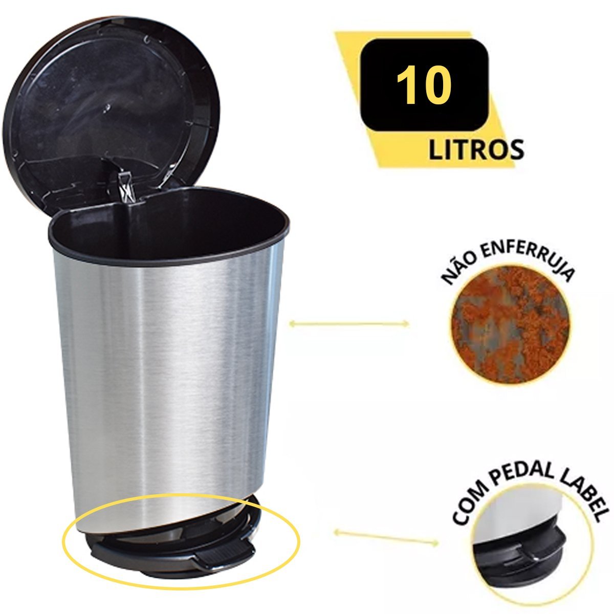 Cesto P/ Lixo Inox 10 Litros Cozinha Lixeira Label Multiuso - 5