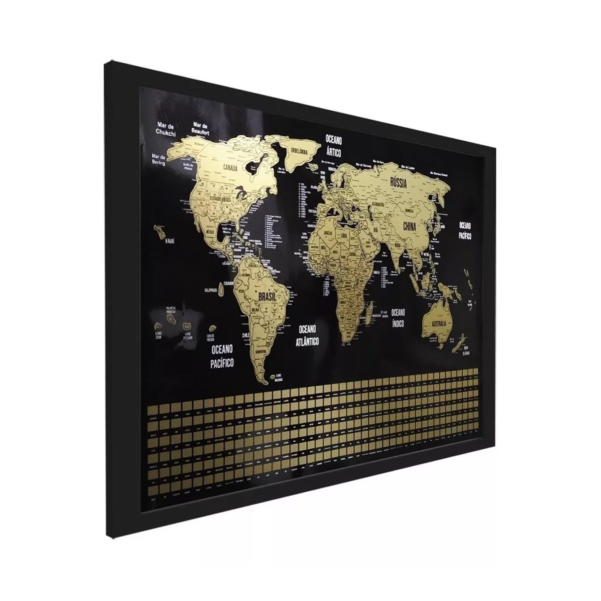 Mapa Mundi de Raspar Dourado com Moldura com Bandeiras 73x50 - 3