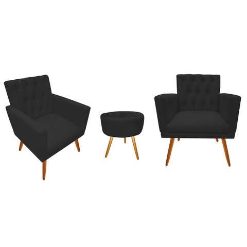 Kit 2 Poltronas Decorativa Nina Capitonê + Puff Redondo Couro Preto Pés Madeira Ms Decor