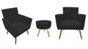 Ver imagem 1 de Kit 2 Poltronas Decorativa Nina Capitonê + Puff Redondo Couro Preto Pés Madeira Ms Decor
