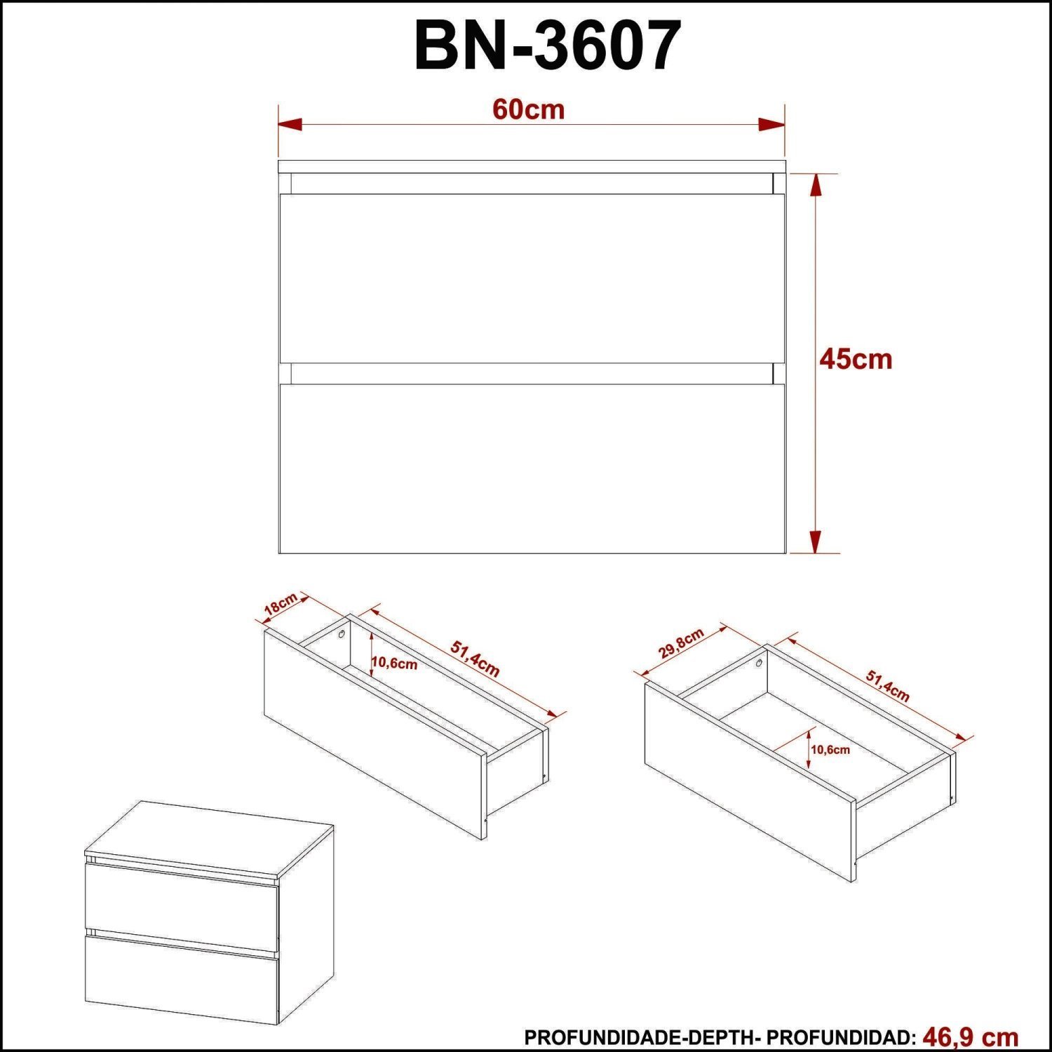 Gabinete Suspenso para Banheiro 60cm 2 Gavetas BN3607 Tecno Mobili - 6