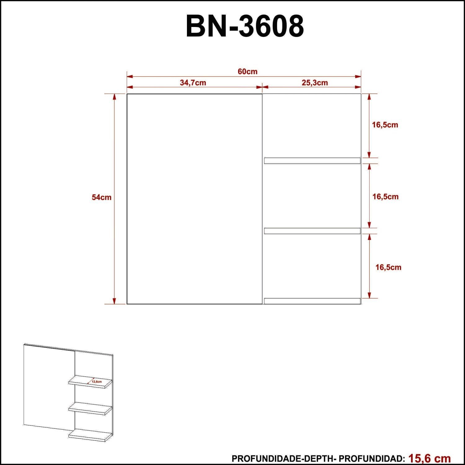 Espelheira para Banheiro 3 Prateleiras BN3608  - 6