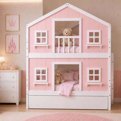 Treliche Infantil Casinha Dos Sonhos Madeira Maciça Rosa Branco Solteiro Housin