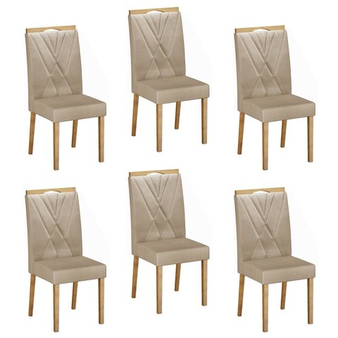 Kit 6 Cadeiras para Sala de Jantar Pés em Madeira Maciça Lara Bege/Cinamomo/Veludo