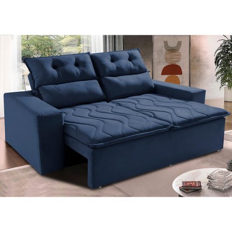Sofá 3 Lugares Retrátil e Reclinável 1.80m Cama Inbox Smal com Bordado Pantográfico Suede Azul