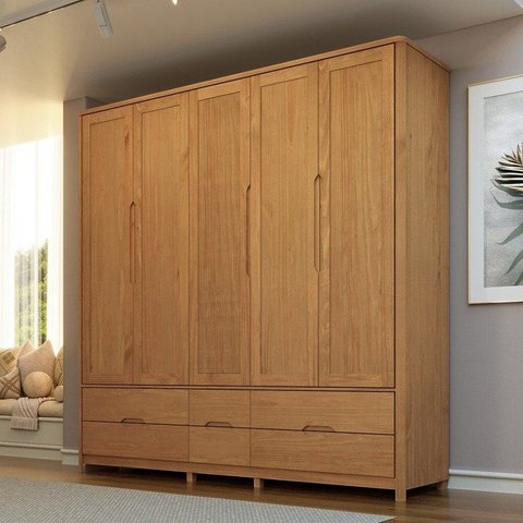 Guarda-Roupa 5 Portas 6 Gavetas Madeira Maciça Linha Nest Marrom/Tauari