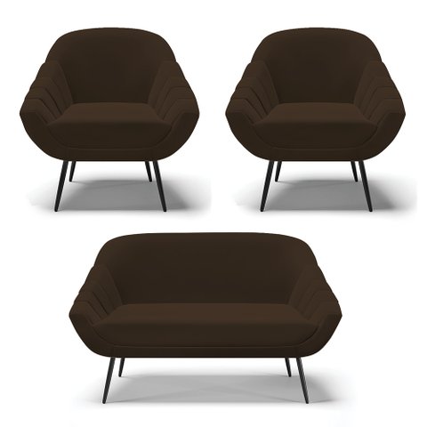 Kit 01 Namoradeira 02 Lugares e 02 Poltronas Giovana Suede Marrom Pés Palito De Ferro - D’Rossi