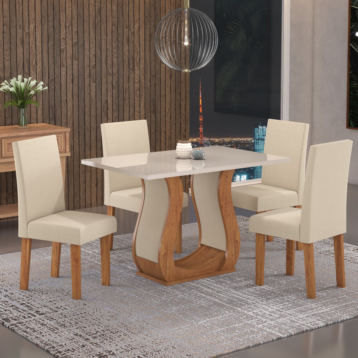 Conjunto Sala de Jantar Mesa Inovare 120x80cm Tampo Vidro/MDP com 4 Cadeiras Venus Viero Móveis