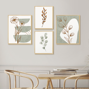 Kit 4 Quadros Decorativos Minimalista Ramos Delicados Natureza Verde Boho para Sala Quarto