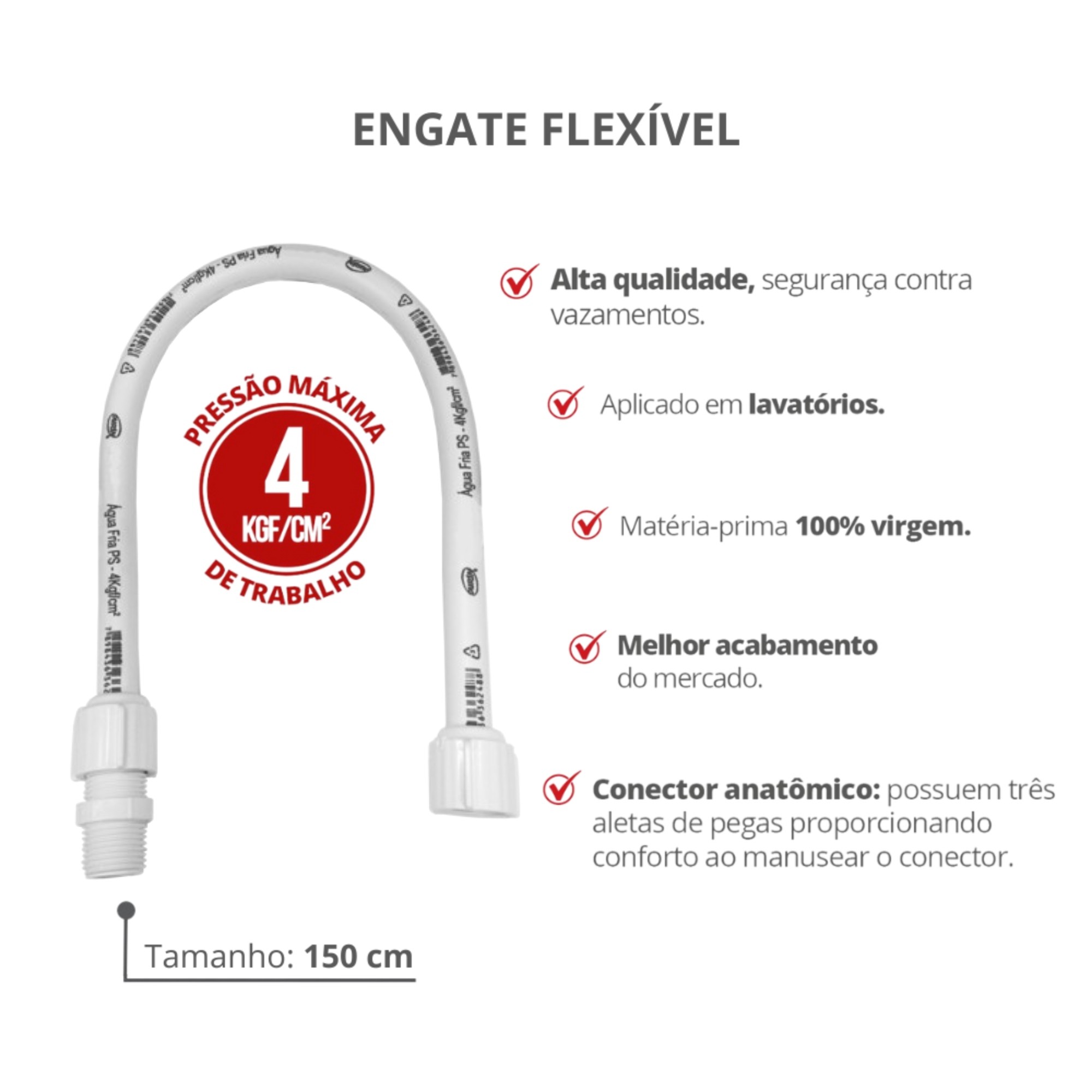 Engate Flexível 4kgf/cm² 1/2'' Tamanho 150cm Cor Branco Durín - 2