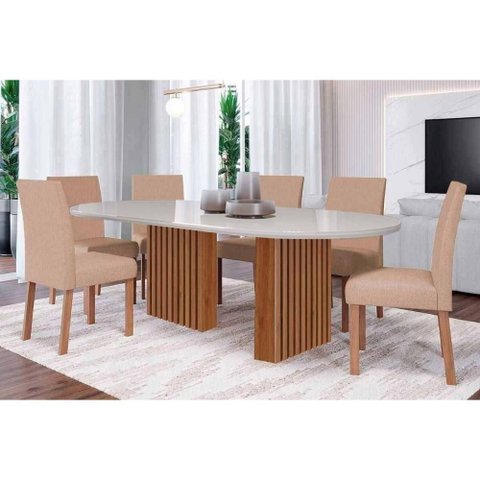 Conjunto: Mesa de Cozinha Ester Tampo Madeirado Oval C/ Vidro 210x100cm e 6 Cadeiras Maia Cinamomo/