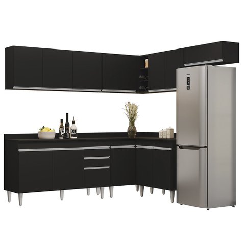 Armário de Cozinha Modulado de Canto 7 Peças Cp23 Balcão com Tampo Preto - Lumil Lumil Móveis