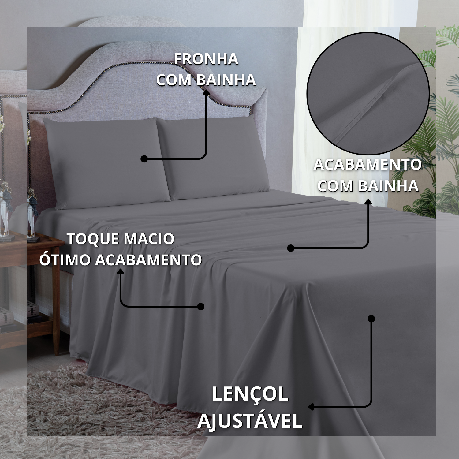 Roupa de Cama King Size 400 Fios 4 Peças com Virol Hotel Pousada Macio Acetinado:cinza - 5