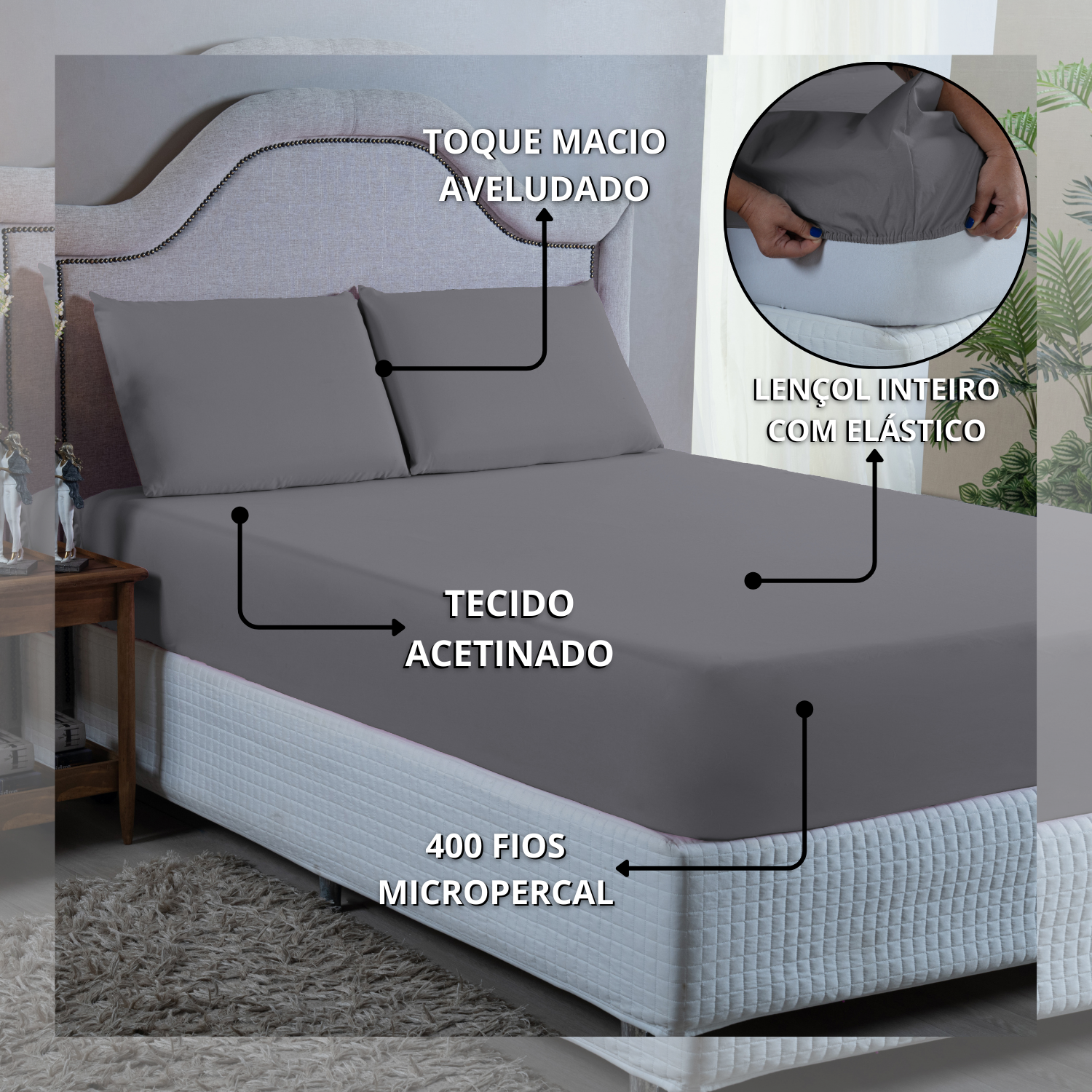 Roupa de Cama King Size 400 Fios 4 Peças com Virol Hotel Pousada Macio Acetinado:cinza - 6