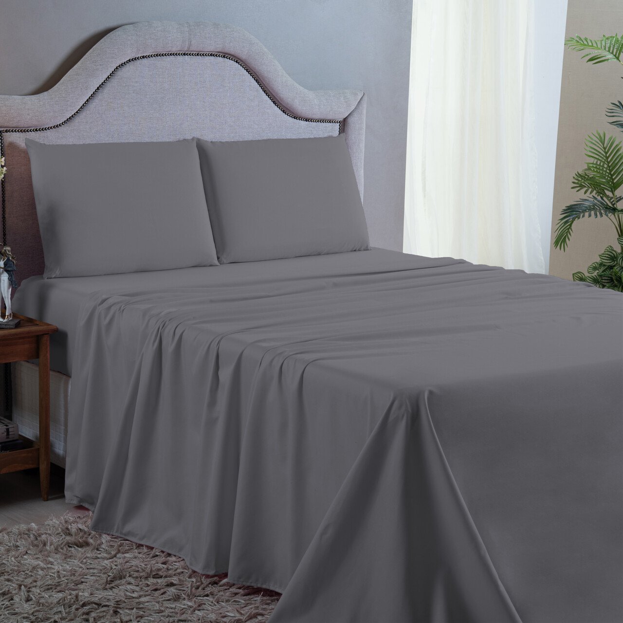 Roupa de Cama King Size 400 Fios 4 Peças com Virol Hotel Pousada Macio Acetinado:cinza - 2