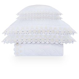 Colcha Queen com Almofadas 300 Fios Liz - Marken Fassi Branca/Amarelo - 1