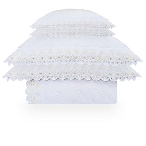 Colcha Queen com Almofadas 300 Fios Liz - Marken Fassi Branca/Amarelo