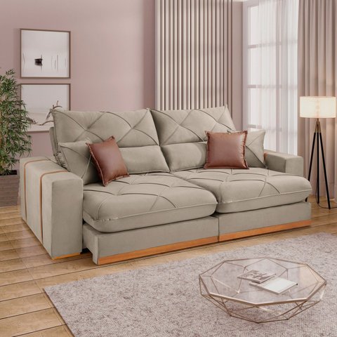 Sofá Retrátil e Reclínavel 5 Lugares Bouclé Bege Zara 290cm Yescasa