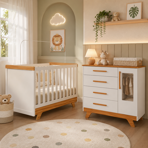 Kit Berço e Cômoda Retrô Peroba Branco Amêndoa Quarto Bebê