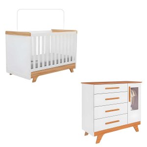 Kit Berço e Cômoda Retrô Peroba Branco Amêndoa Quarto Bebê