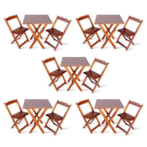 Kit de 5 Conjuntos de Mesa Dobrável 70x70 com 2 Cadeiras Imbuia - Cor: Marrom