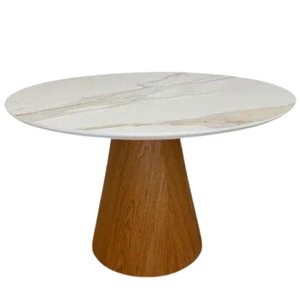 Mesa de Jantar Cone Redondo 100 Cm Base Freijó Tampo Mármore Branco Extra