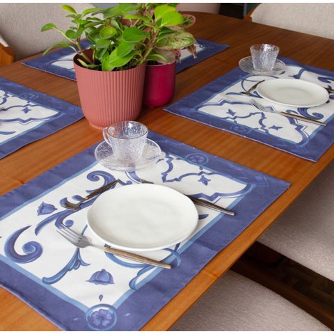 Jogo Americano Paixão Mediterrânea - Branco Cru e Azul Sarja de Algodão (Kit com 2)