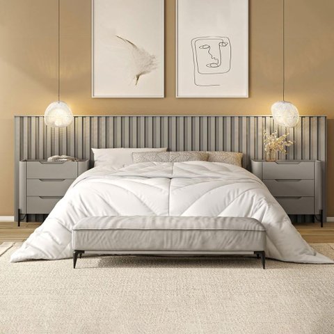 Conjunto Cabeceira King 360cm C/ 2 Mesas de Cabeceira em Mdf Cor:grigio com Preto