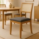 Ver imagem 1 de Kit 6 Cadeiras de Jantar Palha Estofadas Linho Chumbo Encosto Tela Sextavada Rubi Madeira Maciça Mel