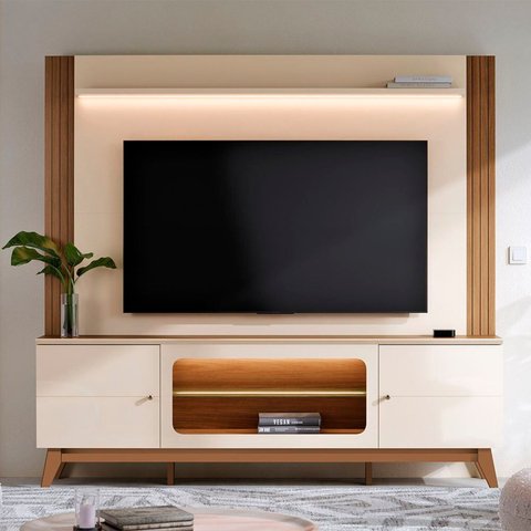 Estante para TV e Home Theater até 75 Polegadas MDF 198,4cmx188,5cm Maceió Bege Off White/Amêndoa