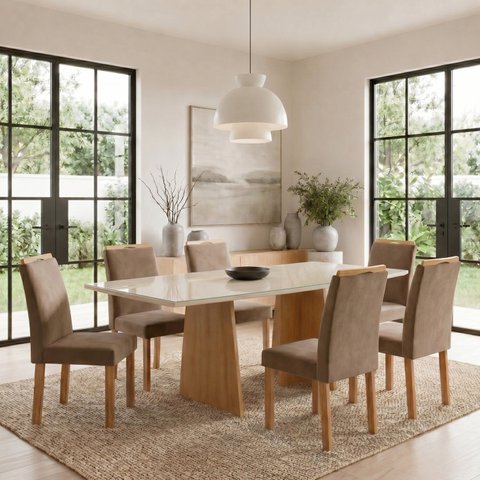 Conjunto Sala de Jantar 6 Lugares Retangular Tampo Vidro/MDF 160x80cm Mesa e Cadeiras Lyra