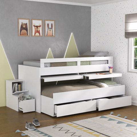 Cama Infantil/Juvenil Beliche com 2 Gavetas 2 Escrivaninhas Branco