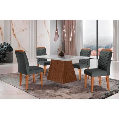 Conjunto: Mesa de Cozinha Luna C/ Tampo Madeirado C/ Vidro Canto Curvo 120x80cm e 4 Cadeiras