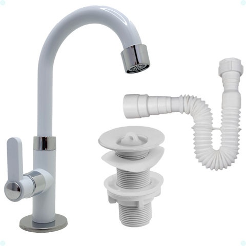 Kit Torneira Lavatório Banheiro Branca Abs + Válvula Abs 1523 + Sifão Br Único