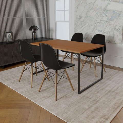 Mesa Industrial Base De Ferro Preto Tampo 137X90 Canela 4 Cadeiras Madeira Assento Preto Marrom