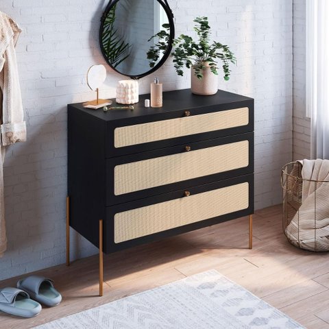 Cômoda Retrô com Tela Sintética 3 Gavetas e Pés em Metal Cor:nero com Dourado