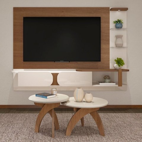 Conjunto 3 Peças Sala Estar Apoio Mesa de Centro Jade e Painel Toronto Marrom Cinamomo/Off White